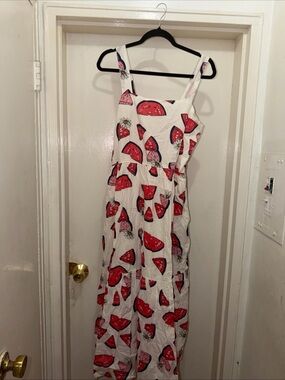 Pink Chicken White Maxi Dress with Red Watermelon Print